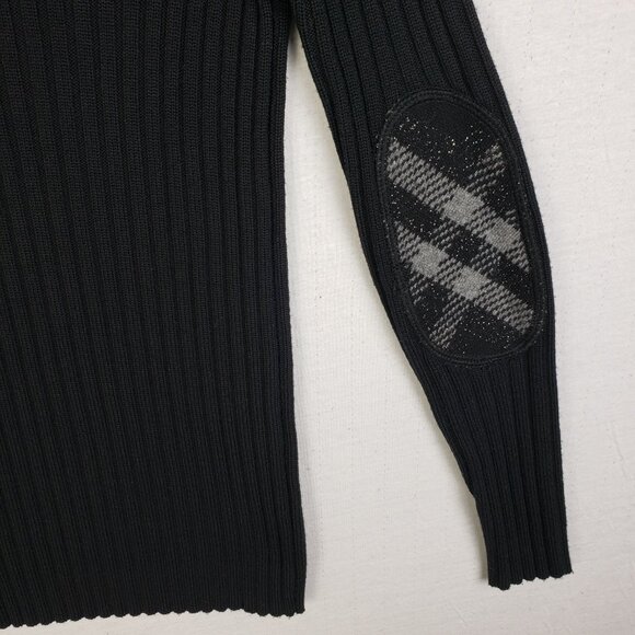 BURBERRY London Wool Sweater Plaid Elbow Patches Ribbed Knit Black V-neck size S - Picture 5 of 11